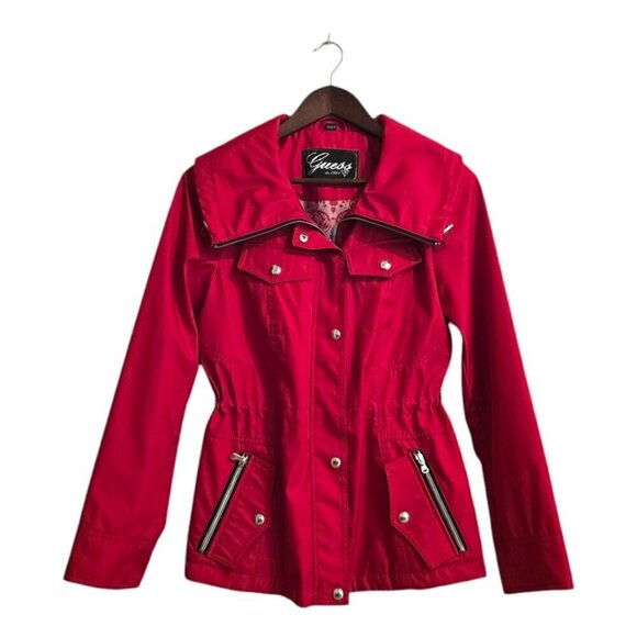 Guess Red Fitted Water Resistant Wing Collar Zip Front Coat Sz S - Picture 1 of 11